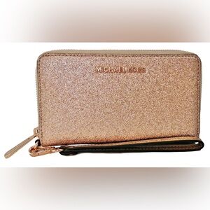 MICHAEL KORS *NWT* Jet Set MF Phone Case Wallet Wristlet Glitter Rose Gold